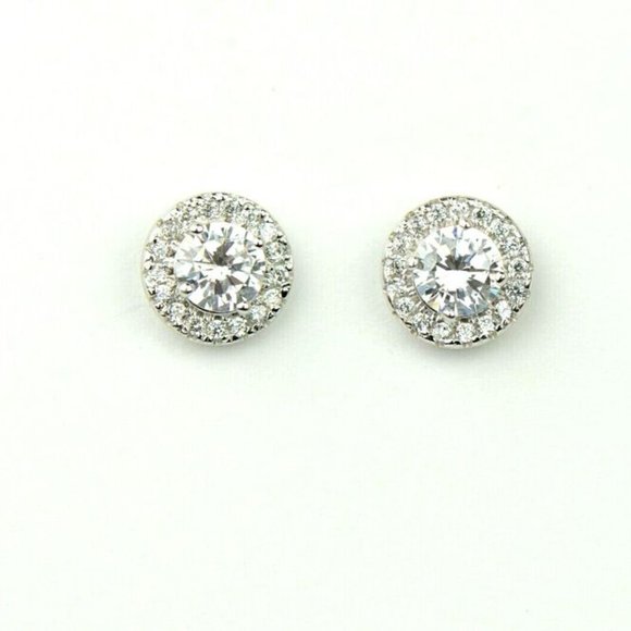 Solid 14k White Gold Round Halo Stud Push Back Earrings With Sparkling Stones - Picture 3 of 10